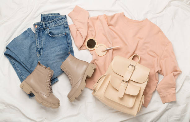 istock Flat lay with trendy spring outfit on white background, top view 2018382893