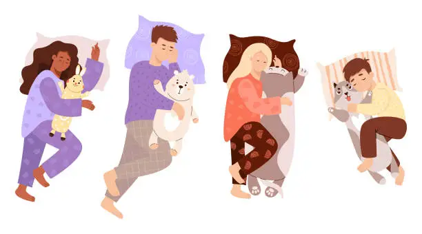 Vector illustration of Collection sleeping people with toys. Ethnic black woman with bunny and light-skinned man and girl with plush animal cat, dog and teddy bear. Isolated characters in flat style. Vector illustration.