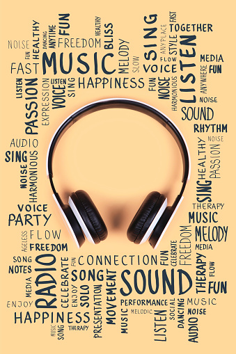 Headphones and music concept word clouds on yellow background