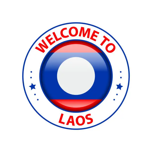 Vector illustration of Vector Stamp. Welcome to Laos. Glossy Icon with National Flag. Seal Template