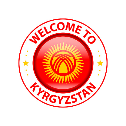 Vector Stamp. Welcome to Kyrgyzstan. Glossy Icon with National Flag. Seal Template