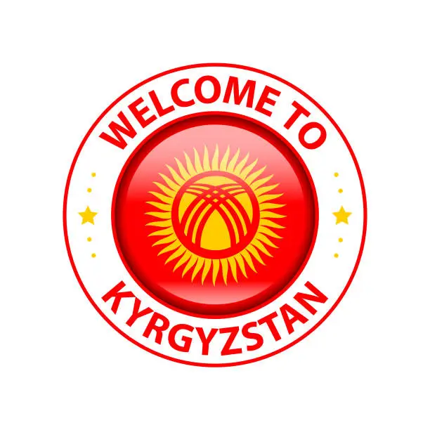 Vector illustration of Vector Stamp. Welcome to Kyrgyzstan. Glossy Icon with National Flag. Seal Template