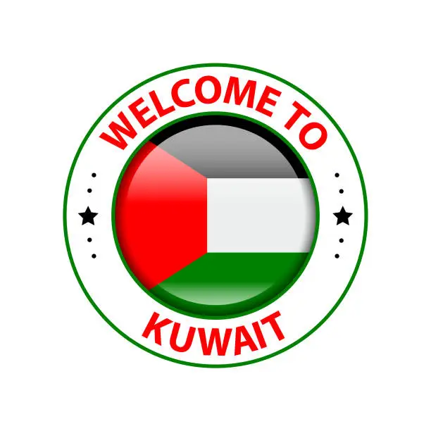 Vector illustration of Vector Stamp. Welcome to Kuwait. Glossy Icon with National Flag. Seal Template