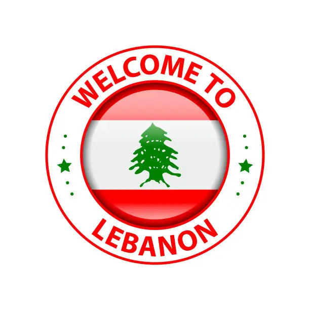 Vector illustration of Vector Stamp. Welcome to Lebanon. Glossy Icon with National Flag. Seal Template