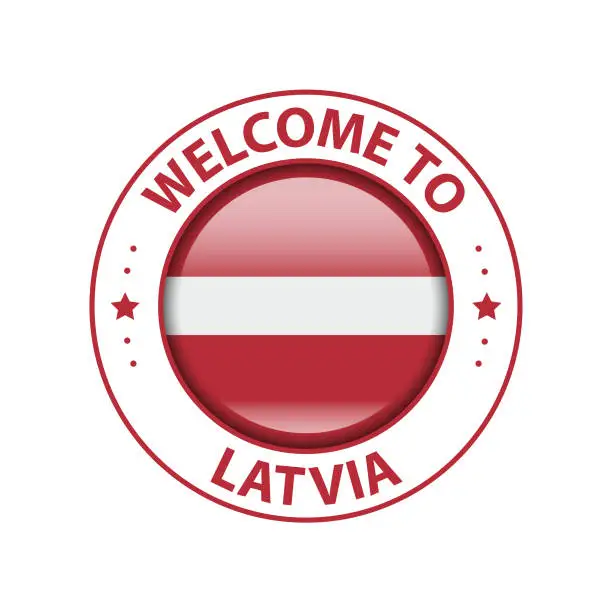 Vector illustration of Vector Stamp. Welcome to Latvia. Glossy Icon with National Flag. Seal Template