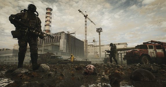 Digitally generated desolate, post-apocalyptic scenery where two armed survivors stand amidst the rubble and ruins of a devastated environment. The background features destroyed buildings and a gloomy sky, suggesting recent calamity or conflict. Dark tones and scattered debris evoke a sense of danger and desolation.

The scene was created in Autodesk® 3ds Max 2024 with V-Ray 6 and rendered with photorealistic shaders and lighting in Chaos® Vantage with some post-production added.