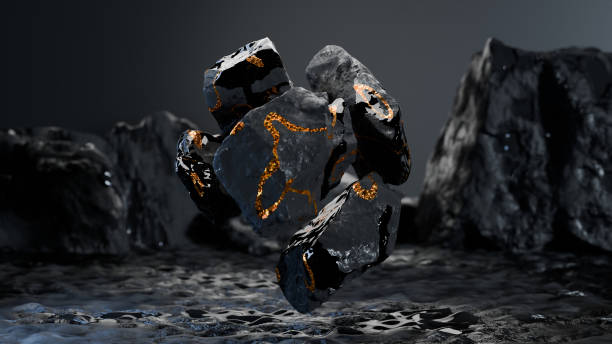 istock abstract background with levitating stones rocks cobblestone, asteroid meteorite rock float, stone fragments, golden repair Kintsugi, kintsukuroi, 3d render 2018447692