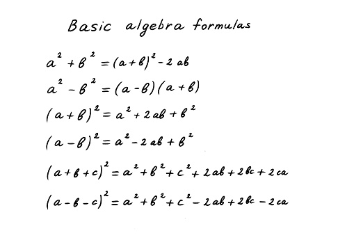 Basic algebra formulas handwritten. Education. Algebra, maths illustration