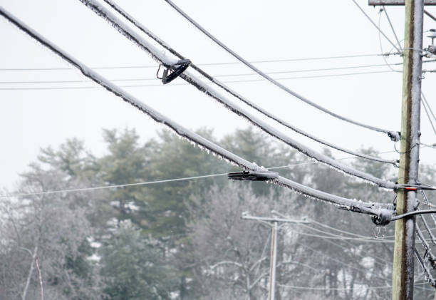 Icicle on power line in the frozen rain