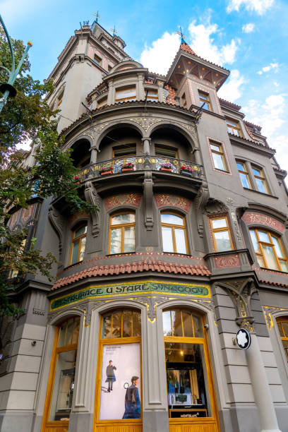 Prague, Capital City of Prague - Czech Republic - 09-18-2022: Exquisite detailing on a historic Prague building, showcasing architectural beauty and craftsmanship