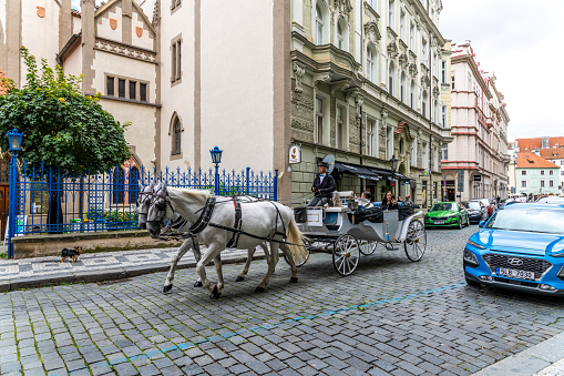 Prague, Capital City of Prague - Czech Republic - 09-18-2022: A quaint horse-drawn carriage offers tours alongside modern cars on Prague historic streets