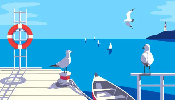 Vector illustration of Seaside landscape with seagull on boat pier vector