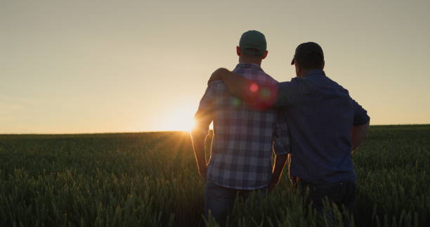padre contadino che abbraccia il figlio adulto e guarda insieme il tramonto sul campo - action family photograph fathers day foto e immagini stock