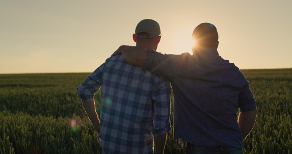 The farmer hugs his adult son and looks forward together to the wheat field where the sun is setting. Family business and traditions concept.