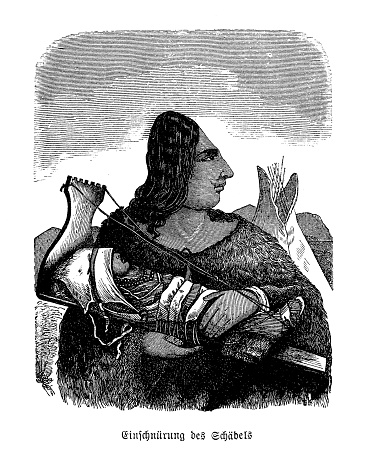 Head binding practice by a native American woman of the Chinookan tribe, the child head was bound between wooden boards, 19th century illustration