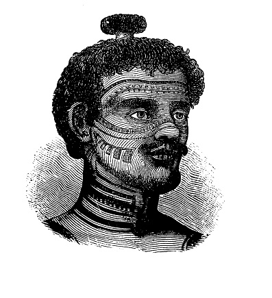 Hair dressing and tattoo decoration of a native of Marquesa islands of French Polinesia, 19th century illustration