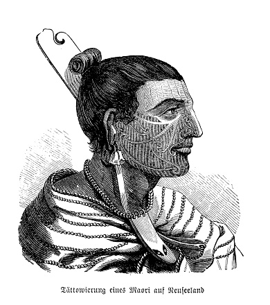 Portrait of New Zealand tattooed Maori native, 19th century illustration