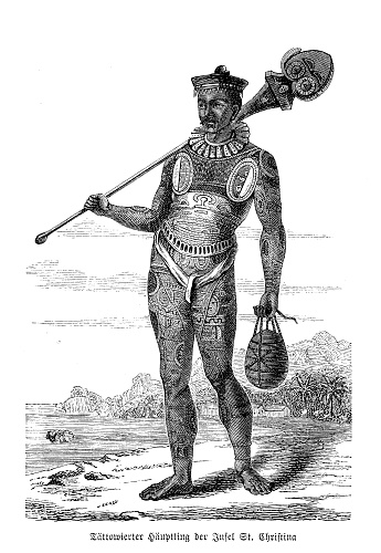 French Polynesia St. Christina Island, portrait of tattooed tribe chief, with body completely covered by marks similar at filigree work, 19th century illustration