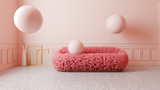 A soft modern sofa made of pink fluffy smoke spheres