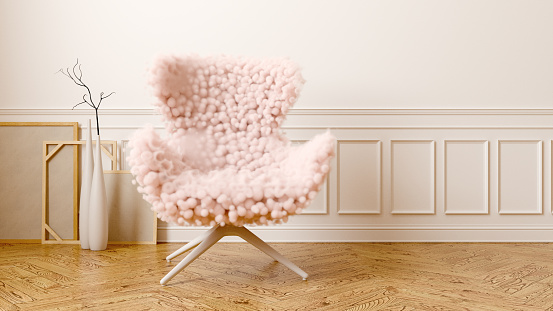 A soft armchair made of pink fluffy smoke spheres