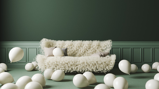 A soft sofa made of fluffy smoke in a room full of balloons