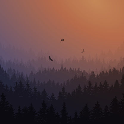Abstract gradient design with mountains silhouettes and big forest with birds