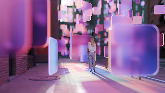 Woman standing on the city street, surrounded by many floating glass squares. All objects in the scene are 3D