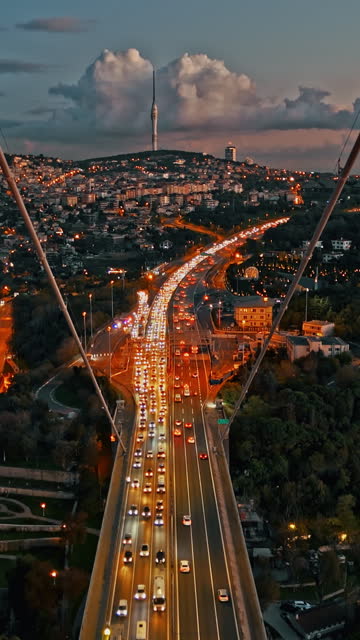 AERIAL Bosphorus Bridge on the Asian side at Dusk: Drone shot of July 15 Martyrs' Bridge, #TemmuzŞehitlerKöprüsü, #TemmuzŞehitlerBridge, #TemmuzŞehitler, #BosphorusBridge, #Bosphorus, #15TemmuzŞehitlerKöprüsü