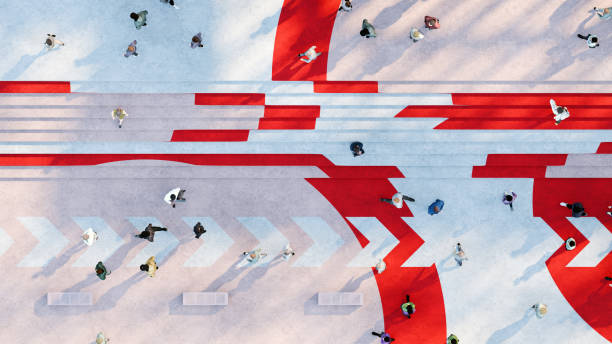 Top down view of colorful pedestrian area