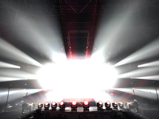 istock Live concert empty stage with bright lights. Music event background white spotlight with copy space 2018627496