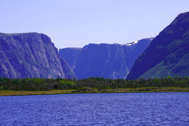 Rocky cliffs of Western Brook Pond with forest and water in the foreground