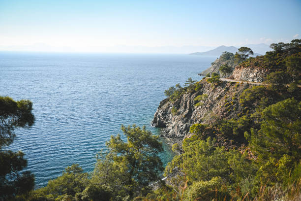Sunset over sea and mountain landscape