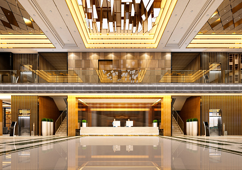 Modern and luxurious Offices lobby interior area with elevators and stairs. Long reception desk.\ngreen marble wall tiles decoration. 3d rendering