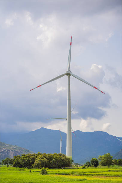 Wind turbines on a renewable energy farm in a rural Serbian landscape, operating under bright sunny skies, highlighting sustainable green energy sources.