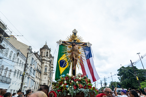 Salvador, Bahia, Brazil - December 08, 2023: Catholics are seen following the procession in honor of Conceicao da Praia in the city of Salvador, Bahia.