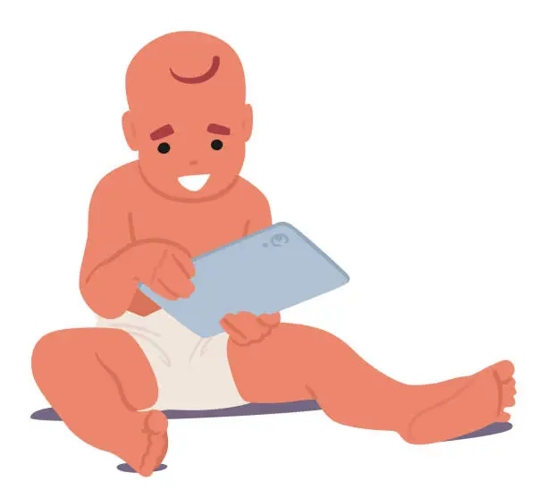 Vector illustration of Curious Baby Character Captivated By A Tablet Pc, Tiny Fingers Exploring The Touchscreen With Wide-eyed Wonder