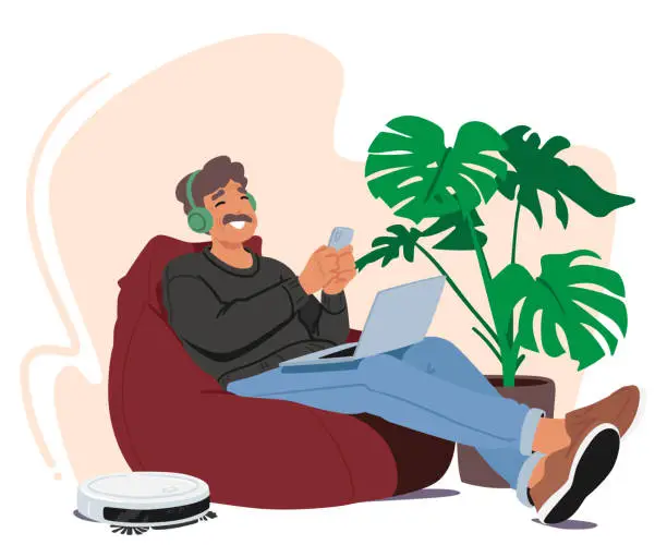 Vector illustration of Joyful Senior Man Navigates Modern Technology, Embracing The Convenience Of Smart Devices With A Radiant Smile