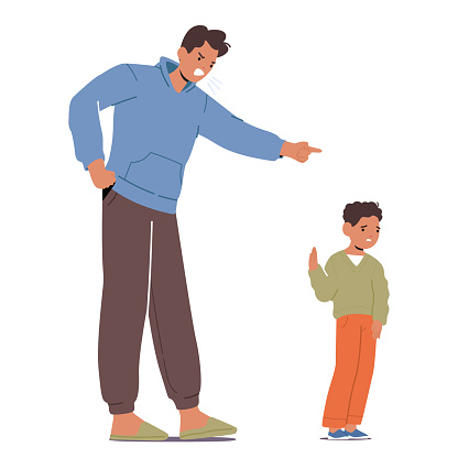 Furious Father Chastises Disobedient Son, His Stern Words Echoing Frustration. Defiant Child Resists Paternal Guidance, Refuse to Listen, Fueling The Tense Confrontation. Cartoon Vector Illustration