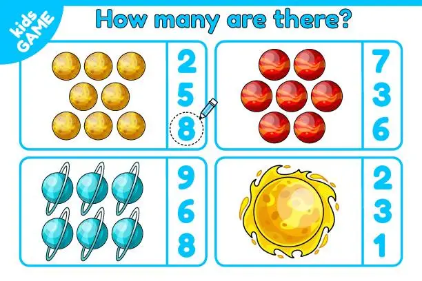Vector illustration of Space math game How many are there cartoon planets