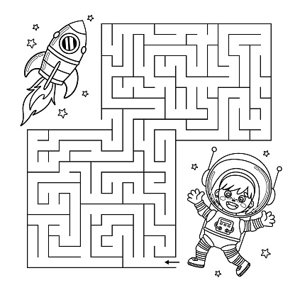 Outline maze kids game. Kids contour Labyrinth puzzle for children. Help the cartoon astronaut girl find way to the space rocket. Worksheet for school education. Vector design perfect for coloring.