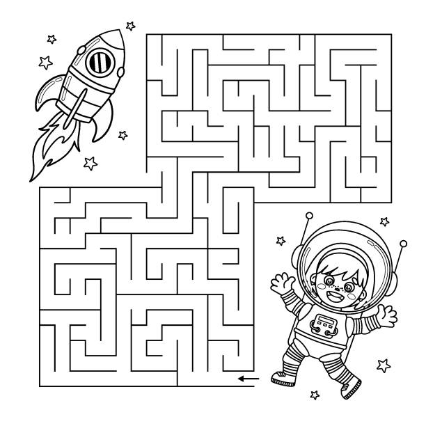Kids space labyrinth game and outline maze puzzle Outline maze kids game. Kids contour Labyrinth puzzle for children. Help the cartoon astronaut girl find way to the space rocket. Worksheet for school education. Vector design perfect for coloring. family puzzle book stock illustrations