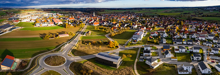 Aerial around the old town of the village Merklingen on a sunny autumn day