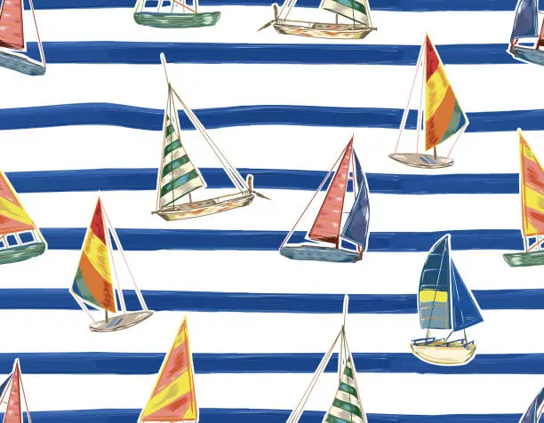 Vector illustration of Blue Brush stroked stripe with hand drawn sailboats seamless pattern nautical mood