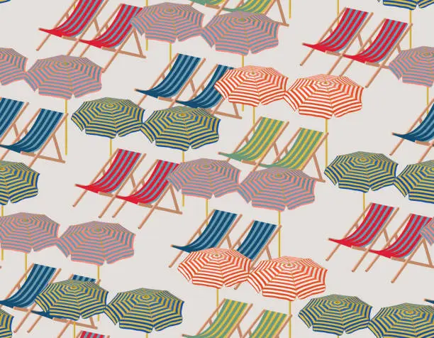 Vector illustration of Modern sand beach with white sun umbrellas and colorful Sun desk Capri Italy inspired . Minimal summer pattern.