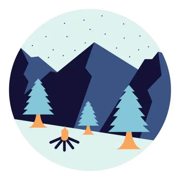 Vector illustration of Winter landscape with fir trees and mountains. Vector illustration in flat style with winter theme. Editable vector illustration.