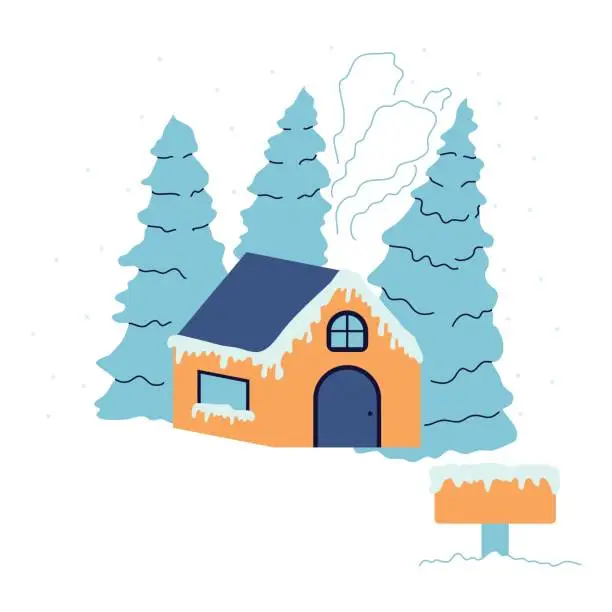 Vector illustration of Winter house and pine trees. Vector illustration in flat style with winter theme. Editable vector illustration.