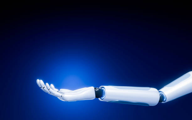 istock A robot or android arm opens its hand like it is holding something in the palm of its hand. A glowing light above the robot's palm. 3D Rendering 2019003511