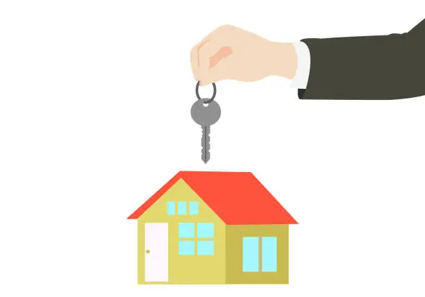 Vector illustration of hand holding key and house flat illustration