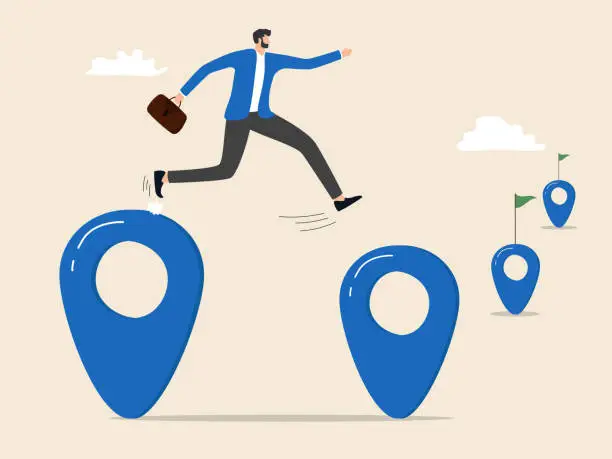 Vector illustration of businessman jumping from map point to map point