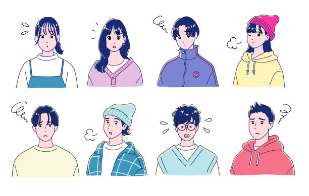 męski i żeński zestaw w stylu anime niespokojna twarz - niedowierzanie obrazy stock illustrations